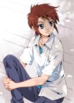  1boy androgynous blue_eyes blue_pants brown_hair interlocked_fingers leg_hold looking_away male_focus matumoto_mouse my-hime pants shade short_hair short_sleeves sitting solo tokiha_takumi 