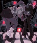  1girl bent_over black_eyes black_hair breasts cameo extra_arms glasses hand_in_hair hand_on_hip hand_on_own_knee kani_club large_breasts leaning_forward long_hair looking_at_viewer madotsuki monoko navel necktie red-framed_glasses school_uniform semi-rimless_glasses skirt smile socks solo traffic_light twintails white_legwear yume_nikki 