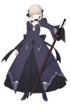  1girl blonde_hair boots choker dark_excalibur dress fate/stay_night fate_(series) hayashi_kewi looking_at_viewer parted_lips saber saber_alter simple_background solo standing sword weapon white_background yellow_eyes 