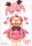  1girl :d apron bat_hair_ornament bow choker dated fang frills hair_ornament heart highres lace looking_at_viewer mittens natsume_asato open_mouth pink_eyes pink_hair short_hair smile solo twintails valentine 