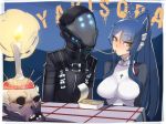  1boy 1girl ban blue_hair breasts candle candlelight eating gijou_mitsumi helmet lady_and_the_tramp long_hair looking_at_viewer nagaoka_souun parody ponytail tokyo_necro yakisoba yellow_eyes 