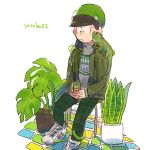  1boy artist_name beanie brown_hair casual chair hat hood hoodie iguana_(animal) male_focus matsuno_choromatsu osomatsu-kun osomatsu-san pants plaid plaid_pants plant shoes simple_background sitting sneakers solo tile_floor tiles white_background yotsuba_(mayuge83) 