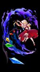  1girl ascot black_background blonde_hair crystal fire flandre_scarlet flying frilled_skirt frills hand_on_own_chest hat hat_ribbon magic mob_cap outstretched_arm red_eyes red_skirt ribbon shoes short_hair short_sleeves side_ponytail skirt touhou wings 