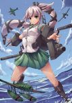  1girl absurdres aircraft arched_back blue_sky boots breasts buttons cannon clouds green_eyes green_skirt hair_flaps hair_ornament hair_ribbon highres kantai_collection knee_boots kuroboshi_roki long_hair looking_at_viewer machinery ocean pink_hair pleated_skirt ponytail ribbon school_uniform serafuku short_sleeves side_ponytail skirt sky smile solo turret very_long_hair yura_(kantai_collection) 