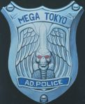  a.d._police_files badge english no_humans oldschool robot skull sword tony_takezaki traditional_media weapon wings 