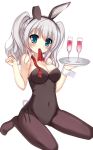  animal_ears blue_eyes bunny_tail bunnysuit cup detached_collar drinking_glass goblet highres kantai_collection kashima_(kantai_collection) long_hair mouth_hold pantyhose rabbit_ears silver_hair single_wrist_cuff tail tray twintails vivian_(lancerhd) wavy_hair wine_glass 