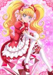  1girl asahina_mirai blonde_hair bow cure_miracle earrings full_body gem hair_bow hanzou hat jewelry long_hair looking_at_viewer magical_girl mahou_girls_precure! mary_janes mini_hat mini_witch_hat pink_background pink_hat precure puffy_sleeves red_bow red_shoes ruby_style shoes sitting skirt smile solo star thigh-highs twintails violet_eyes white_legwear witch_hat 