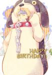  ! 1boy animal_costume barry_goodman beard blonde_hair blue_eyes brown_hair chain collar costume dog_collar dog_costume facial_hair flower gen&#039;ei_ibunroku_sharp_fe happy_birthday multicolored_hair shirayuki_shion simple_background solo two-tone_hair white_background 