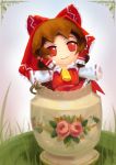  1girl blue_sky bow brown_hair chibi commentary cubehero detached_sleeves floral_print framed grass hair_bow hair_tubes hakurei_reimu outstretched_arms red_eyes red_shirt red_skirt shirt short_hair skirt sky sleeveless sleeveless_shirt smile solo stuffed_toy touhou vase 