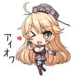  &gt;_o 1girl ;d ahoge blonde_hair blush_stickers breasts chibi cleavage detached_sleeves fingerless_gloves garter_straps gloves grey_eyes headgear iowa_(kantai_collection) kantai_collection long_hair looking_at_viewer mismatched_legwear one_eye_closed open_mouth shibata_rai smile solo star star-shaped_pupils symbol-shaped_pupils thumbs_up translation_request 