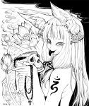  1girl al_bhed_eyes animal_ears artist_name batta_(kanzume_quality) beads bell blood crazy_eyes earrings eyebrows flower fox_ears hair_over_shoulder holding holding_skull jewelry long_hair looking_at_viewer monochrome original sidelocks skull solo spilling thick_eyebrows tongue tongue_out topless 