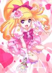  1girl :d absurdres asahina_mirai blonde_hair boots bow brooch cure_miracle full_body gem gloves hair_bow half_updo happy hat heart highres jewelry knee_boots long_hair looking_at_viewer magical_girl mahou_girls_precure! mini_hat mini_witch_hat open_mouth pink pink_background pink_bow pink_hat pink_skirt ponytail precure skirt smile solo sparkle teketeke v violet_eyes white_boots white_gloves witch_hat 