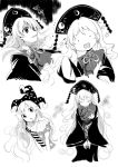  2girls american_flag american_flag_legwear american_flag_shirt chinese_clothes clownpiece dress hat jester_cap junko_(touhou) long_hair long_sleeves makuwauri monochrome multiple_girls open_mouth shirt sketch smile star striped tabard touhou very_long_hair wide_sleeves 