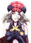  1girl alisa_ilinichina_amiella bare_shoulders black_gloves blue_eyes cabbie_hat close-up elbow_gloves fingerless_gloves gloves god_eater god_eater_burst hat highres long_hair looking_at_viewer open_mouth silver_hair smile solo 