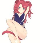  1girl animal_ears arm_up bare_legs barefoot blue_swimsuit bottle breasts breasts_apart cat_ears cat_tail closed_mouth competition_swimsuit copyright_request dripping expressionless hand_in_hair head_tilt knee_up long_hair looking_at_viewer lp_(hamasa00) on_lap one-piece_swimsuit redhead simple_background sitting solo swimsuit tail tsurime very_long_hair water water_bottle white_background 