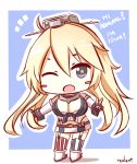  1girl ;d breasts chibi cleavage iowa_(kantai_collection) kantai_collection long_hair looking_at_viewer one_eye_closed open_mouth rexlent smile solo 