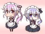  2girls alternate_costume bow c: chibi chocolate chocolate_heart commentary_request destroyer_hime enmaided feiton hair_bow hair_ribbon harusame_(kantai_collection) heart highres holding kantai_collection kuchiku_i-kyuu long_hair maid maid_headdress multiple_girls pale_skin psychogun ribbon shinkaisei-kan silver_hair smile space_adventure_cobra valentine violet_eyes 