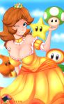  1girl 1up ;d armpits bare_shoulders bent_over black_eyes blue_eyes blue_sky blurry blurry_background blush breasts brooch collarbone cowboy_shot crown depth_of_field detached_collar downblouse dress fire_flower freckles gem glint hanging_breasts highres holding jewelry large_breasts looking_at_viewer super_mario_bros. mushroom off-shoulder_dress off_shoulder one_eye_closed open_mouth parted_lips power_star princess_daisy puffy_short_sleeves puffy_sleeves rainbowscreen sapphire_(stone) short_hair short_sleeves sky smile smiley_face solo sparkle standing super_leaf super_mario_bros. teeth 