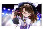  1girl bow brown_eyes brown_hair glasses gloves hat hat_bow low_twintails microphone one_eye_closed open_mouth plaid red-framed_glasses ribbon school_uniform shirt short_hair skirt smile solo suzune_yuuji touhou twintails usami_sumireko 