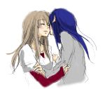  2girls arm_grab blue_hair blush brown_hair casual closed_eyes couple from_behind fujino_shizuru happy incipient_kiss kuga_natsuki light_smile long_hair multiple_girls my-hime sketch ukkari_(ukkkkka_re) upper_body white_background yuri 