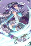  1girl aqua_gloves bangs bare_shoulders blue_eyes blue_hair blunt_bangs blurry braid breasts chinese_clothes depth_of_field double_bun elbow_gloves gloves hair_ornament haku_(p&amp;d) long_hair looking_at_viewer multicolored_hair nami_(snow) puzzle_&amp;_dragons silver_hair solo tail tiger_tail twin_braids two-tone_hair 