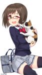  absurdres bag black_legwear blazer bow brown_hair cat cat_paws fang glasses green_eyes highres idolmaster idolmaster_cinderella_girls keychain kuro_chairo_no_neko maekawa_miku one_eye_closed open_mouth paws school_bag school_uniform short_hair skirt smile thigh-highs twitter_username 