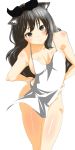  1girl :o absurdres animal_ears apron artist_request black_eyes black_hair blake_belladonna blush bow breasts cat_ears cleavage hair_bow highres large_breasts long_hair naked_apron rwby shiny shiny_skin solo white_background 