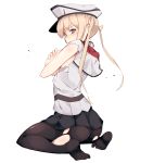  1girl blonde_hair blue_eyes breasts graf_zeppelin_(kantai_collection) hat highres hona_(pixiv7939518) kantai_collection long_hair peaked_cap skirt solo tears torn_clothes twintails uniform 