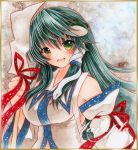  1girl blouse breasts detached_sleeves frog_hair_ornament green_eyes green_hair hair_ornament hair_tubes kochiya_sanae long_hair oonusa open_mouth qqqrinkappp smile snake_hair_ornament solo touhou traditional_media watercolor_(medium) wide_sleeves 