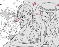  1boy 3girls blurry closed_eyes computer depth_of_field driving extra flower_(symbol) girl_sandwich hair_ribbon hairband hat laptop long_hair looking_at_another matsuno_todomatsu monochrome multiple_girls necktie osomatsu-kun osomatsu-san porkpie_hat rian_(bdl) ribbon sandwiched short_twintails smile table turtleneck twintails yowai_totoko 