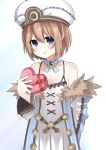  1girl bare_shoulders blanc blancpig_yryr blue_eyes blush box brown_hair fur_trim gift gift_box hat heart highres holding holding_gift looking_at_viewer neptune_(series) open_mouth ribbon short_hair solo valentine 