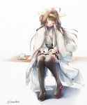  1girl ahoge boots brown_hair closed_eyes cup double_bun full_body hairband headgear hinoru_saikusa jacket_on_shoulders japanese_clothes kantai_collection kongou_(kantai_collection) long_hair nontraditional_miko open_mouth ribbon-trimmed_sleeves ribbon_trim sitting skirt solo teacup thigh-highs thigh_boots traditional_media watercolor_(medium) 
