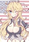  1girl american_flag blonde_hair blue_eyes blush breasts cleavage english fingerless_gloves gloves grin hat highres iowa_(kantai_collection) kantai_collection kvlen large_breasts long_hair looking_at_viewer navel one_eye_closed smile solo sparkle star star-shaped_pupils symbol-shaped_pupils thumbs_up 