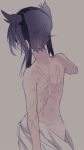  1girl back bare_back black_hair bruise cis_(carcharias) cuts from_behind hairband hatsuzuki_(kantai_collection) injury kantai_collection looking_back naked_sheet scar solo upper_body 