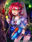  1girl beetle between_breasts bikini bikini_top blush braid breasts chiori_(pixiv9569926) choker clothes_writing forest green_bikini green_eyes hair_between_eyes hair_ornament long_hair momohime_ryouran!_sengoku_asuka nature official_art open_mouth original redhead see-through shorts shoulder_pads solo swimsuit tree water_gun 