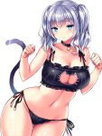  1girl ass_visible_through_thighs bell bell_choker black_bra black_panties blush bra breasts cat_cutout cat_ear_panties cat_lingerie cat_tail choker cleavage cleavage_cutout highres jingle_bell kantai_collection kashima_(kantai_collection) large_breasts long_hair navel panties paw_pose side-tie_panties simple_background smile solo tail tsukumiya_amane twintails underwear underwear_only white_background wide_hips 