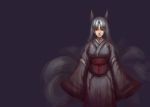  1girl animal_ears fox_ears fox_tail highres japanese_clothes kimono kyuubi long_hair looking_at_viewer mr_metal multiple_tails red_eyes solo tail 