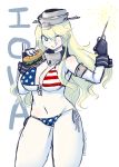  1girl :q american_flag american_flag_bikini bikini blonde_hair breasts chinad011 fireworks flag_print food hamburger iowa_(kantai_collection) kantai_collection large_breasts smile sparkler swimsuit tongue tongue_out 