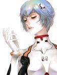  1girl ayanami_rei bangs blue_hair bodysuit bracer breasts gloves hair_ornament half-closed_eyes kyoung_hwan_kim lips looking_down neon_genesis_evangelion number pale_skin parted_lips pilot_suit plugsuit realistic red_eyes short_hair simple_background solo turtleneck upper_body white_background 