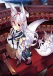  2girls animal_ears carrying fox fox_ears fox_tail glasses highres library long_hair multiple_girls original red_eyes silver_hair sukage tail 
