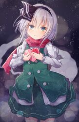  1girl absurdres aqua_eyes hair_ribbon highres hitodama konpaku_youmu konpaku_youmu_(ghost) raira ribbon scarf short_hair silver_hair solo touhou valentine 