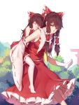  2girls ^_^ arch armpits backpack bag bare_shoulders blush bow breasts brown_hair closed_eyes closed_mouth detached_sleeves hair_bow hair_tubes hakurei_reimu highres long_hair long_skirt long_sleeves look-alike multiple_girls nian no_shoes outdoors person_carrying piggyback plant red_ribbon red_skirt ribbon ribbon-trimmed_sleeves ribbon_trim sendai_hakurei_no_miko sidelocks simple_background skirt sleeping smile thigh-highs torii touhou tree vest visible_ears walking white_background yellow_eyes younger zettai_ryouiki 