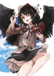  blue_sky flying forbidden_scrollery hat hisona_(suaritesumi) jacket legs_together looking_at_viewer neck_ribbon notebook one_eye_closed pen pointy_ears pom_pom_(clothes) ribbon shameimaru_aya shirt skirt sky star tokin_hat touhou wings 