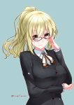  1girl alternate_costume alternate_hairstyle atago_(kantai_collection) bespectacled blonde_hair breasts formal glasses kantai_collection large_breasts long_hair looking_at_viewer mikage_takashi ponytail solo suit suit_jacket twitter_username 