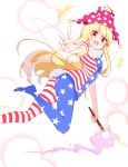  1girl american_flag_legwear american_flag_shirt bangs blonde_hair blush clownpiece collar fairy_wings fang fire frilled_collar frills hat highres holding jester_cap long_hair looking_at_viewer open_mouth pantyhose polka_dot red_eyes saple short_sleeves simple_background solo torch touhou v very_long_hair white_background wings 