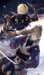  2boys armor back blonde_hair book bow_(weapon) cape fire_emblem fire_emblem_if gloves grey_hair highres leon_(fire_emblem_if) long_hair multiple_boys open_mouth orange_eyes petals ponytail red_eyes runia sky takumi_(fire_emblem_if) weapon 