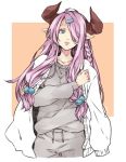  1girl alternate_costume blue_eyes braid breasts cardigan cowboy_shot demon_horns granblue_fantasy hair_ornament hair_over_one_eye hairclip horns jacket_on_shoulders large_breasts lavender_hair long_hair long_sleeves looking_away looking_to_the_side narumeia_(granblue_fantasy) pants parted_lips pointy_ears pom_pom_(clothes) purple_hair smile solo sweater yoshiharuman 