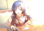  1girl bangs blue_hair blush brown_eyes cup drink drinking_glass fingers hands highres holding_cup idolmaster indoors jewelry kisaragi_chihaya long_hair long_sleeves one_eye_closed open_mouth picture_(object) plaid plaid_shirt plate ring saucer shiny shirt sitting smile solo spoon sugar_cube sunlight swept_bangs table tea teacup teaspoon window yurine 