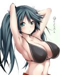  1girl :/ armpits arms_up artist_name bare_arms bare_shoulders bikini_top blue_eyes blue_hair blush breasts cleavage closed_mouth collarbone expressionless fuyu_mi hair_ribbon isuzu_(kantai_collection) kantai_collection large_breasts long_hair looking_at_viewer midriff navel red_skirt ribbon sideboob simple_background skirt solo stomach tareme twintails upper_body white_background white_ribbon 