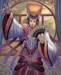  1boy brown_eyes brown_hair chinese_clothes facial_hair fan goatee guo_jia hat hidezi looking_at_viewer outstretched_hand paper_fan romance_of_the_three_kingdoms solo 
